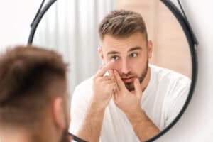 Young man with facial hair puts on a contact lens in front of his bathroom mirror.