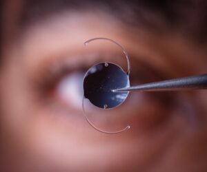 Intraocular lens carefully held in front of woman's eye ahead of surgery.